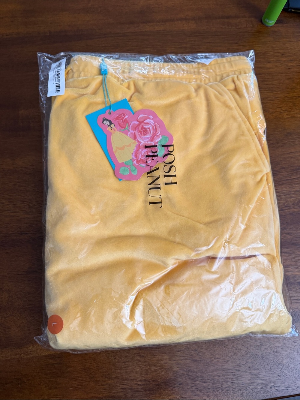 Disney Women's Yellow Velour Track Pants - Rose Print Belle